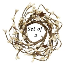 NEW PRIMITIVE Farmhouse Berry Wreath Candle Rings 2pc Rust Stars 2" IVORY Pips