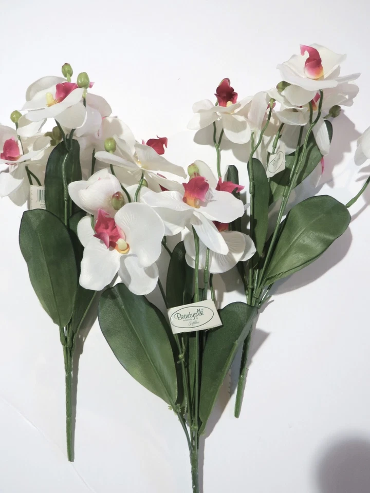 Lote de 5 nuevas orquídeas blancas de imitación artificial con labios magenta 14" arbustos Beautysilk Foto 3 de 4