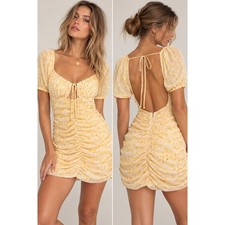 Free People Tessa Ruched Daisy Dress L Yellow Floral Cutout Puff Sleeve