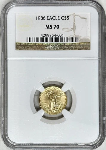1986 $5 AMERICAN 1/10 OZ GOLD EAGLE NGC MS70