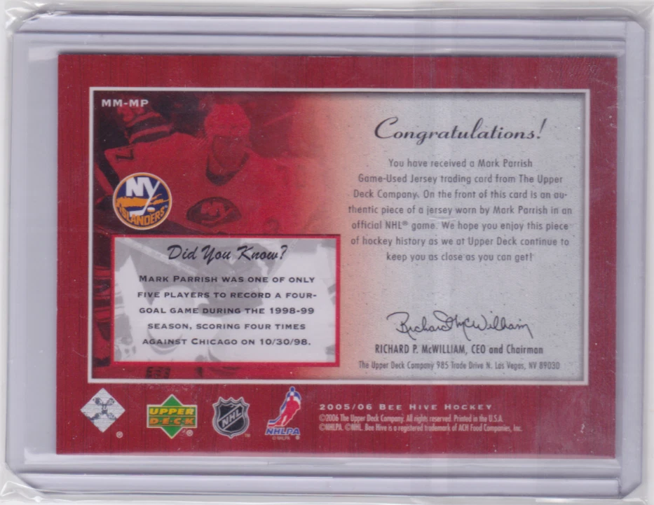 2005-06 UD BEE HIVE MATTED MATERIALS MARK PARRISH #MM-MP NEW YORK ISLANDERS - Image 2 of 2