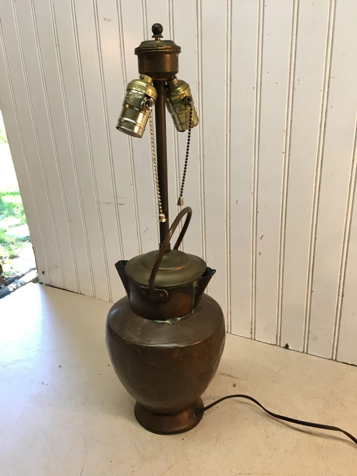 Vtg Antique Copper Water Milk Pail Two Spouts Double Chain Table Lamp Light - Image 2 of 4