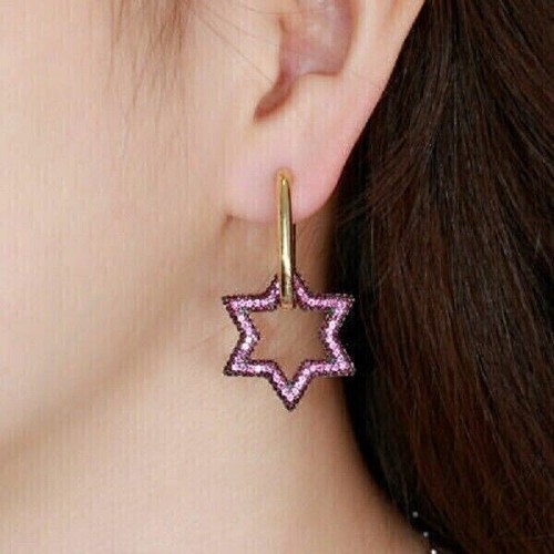 1Ct Round Simulated Pink Ruby 14K Yellow Gold Plated Star Drop/Dangle Earrings - Picture 3 of 3