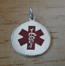 Sterling Silver 18 mm Engraveable Round Red Medical ID Charm