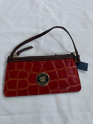 Dooney and Bourke Leather Monogram Wristlet Wallet Purse with Strap - Red/Wine