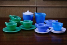 Akro Agate Childs Play Time Glass Tea Dish Set N0 Box 16 Piece Jadite/Delphite