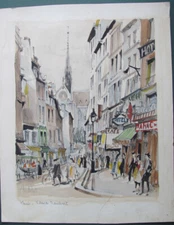 1050's Painting Original FRANZ HERBELOT  PLACE MAUBERT , PARIS  NOTRE DAME