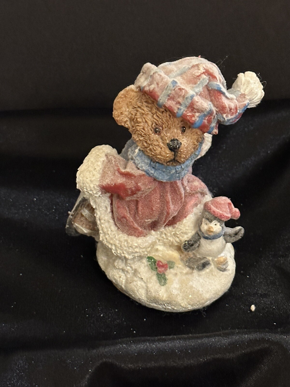 Vintage K's Collection Christmas Bear Figurine Skiing With Penguin 4.5