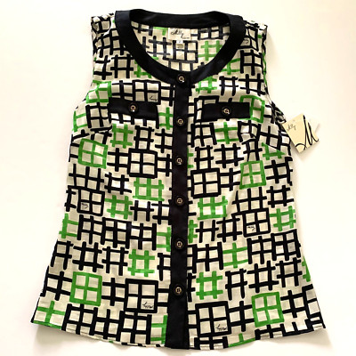 NWT Milly NY Silk Geometric Kelly Green Navy Button Sleeveless Blouse Top 2 0 XS