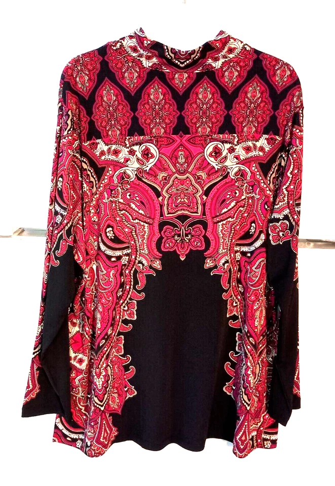 SUSAN GRAVER TÚNICA NEGRA FLORAL PAISLEY MANGA LARGA SIMULADA CUELLO ALTO TALLA 2X Foto 4 de 4