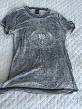 Modern Lux women's Sheer tee Tshirt medium Talk to the Hands Long Gray 0284