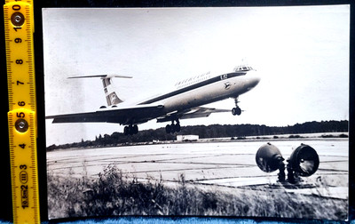 Old photo postcard, IF Interflug, turbine air jet commercial aircraft IL 62, 158 plate