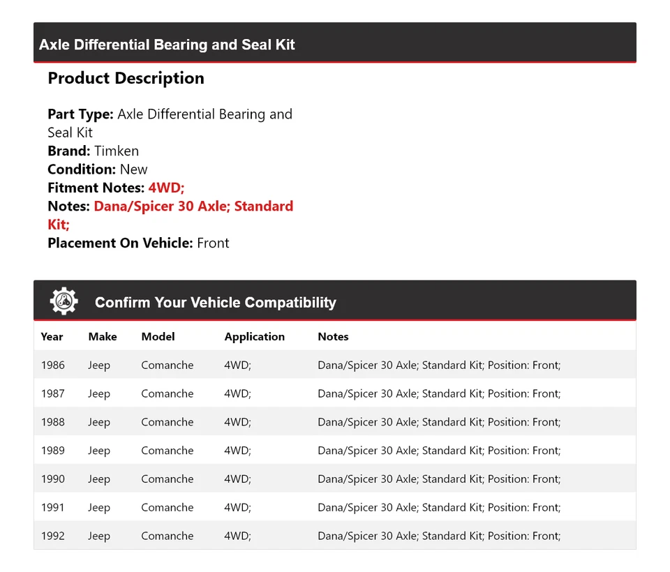 Kit de cojinete y sello diferencial de eje delantero Timken para Jeep Comanche 1986-1992 Foto 2 de 3