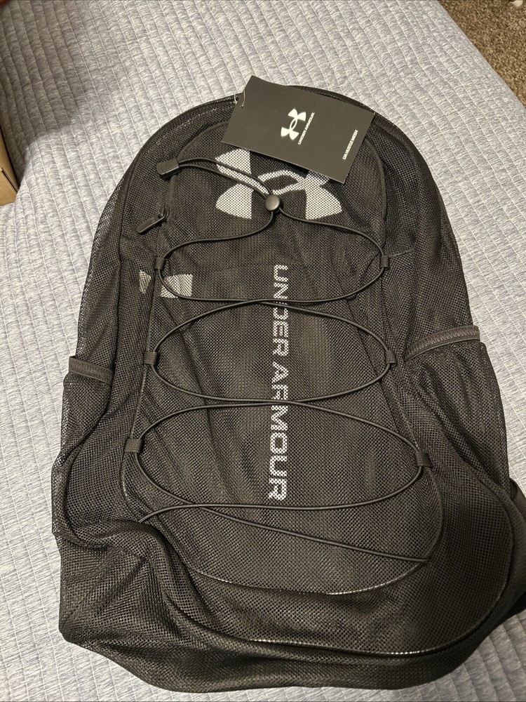 Under Armour Hustle Mesh Backpack in Black & White OSFA