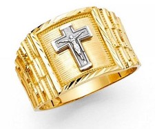 Men's 14k 2 Tone Solid Gold Big Bold Jesus Crucifix Cross Religious Ring