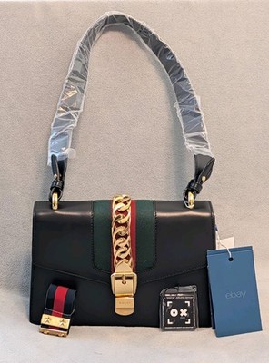 Gucci Sylvie Black Leather Web Stripe Shoulder Bag Gold Chain Strap
