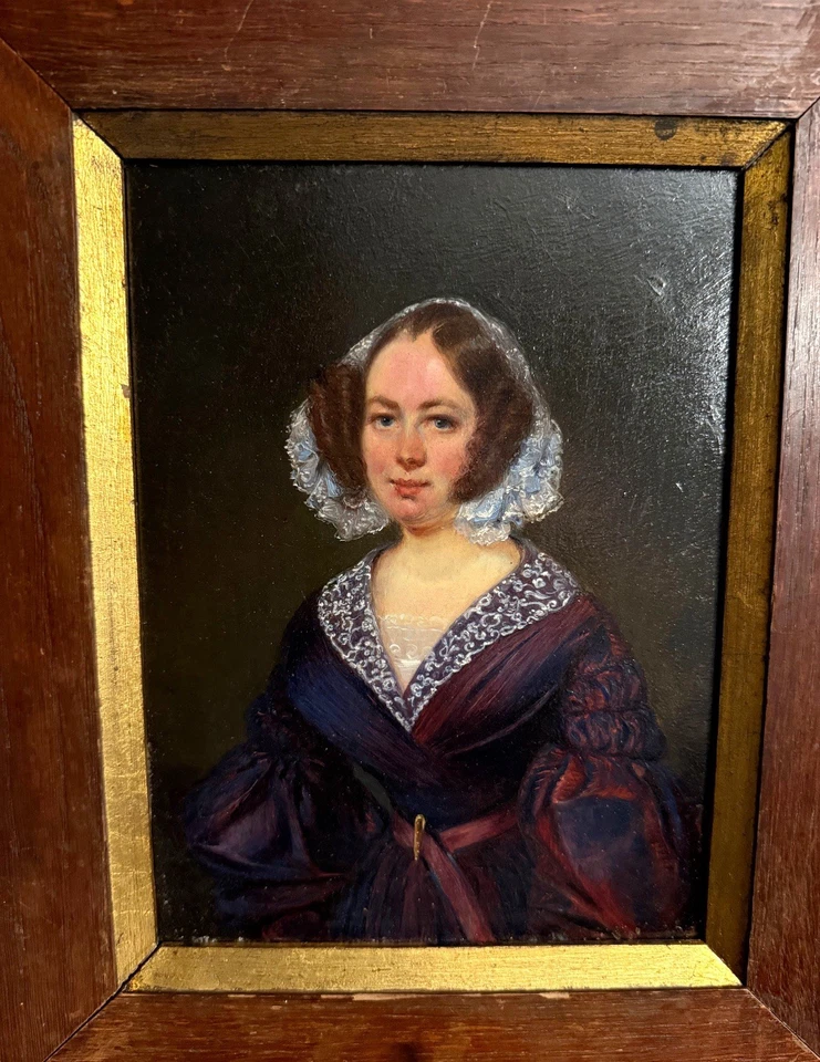 Dama en ciruela - Retrato del siglo XIX - óleo antiguo a bordo Foto 2 de 2