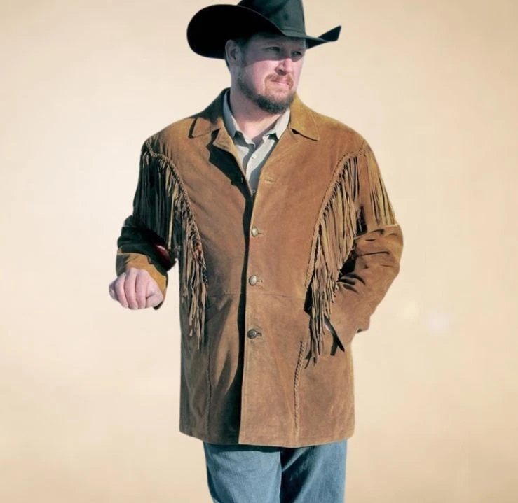 Men Western Cowboy Suede Leather Genuine Jacket, Men's Leather Jacket
