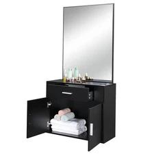 Wall Mount Barber Salon Station with Mirror for Hair Styling Makeup Beauty-Black