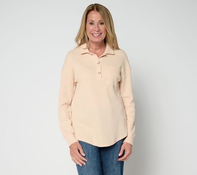 Belle by Kim Gravel Micro Waffle Horn Button Henley Top Shifting Sand S New
