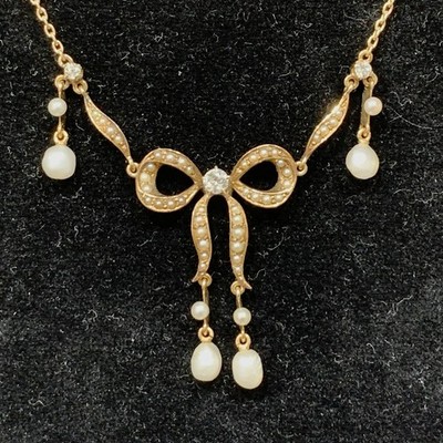 ANTQ natürliche, kleine Perlen & Diamant Schleife Halskette 14k Gold 6,41g Edwardianisch 15&18''