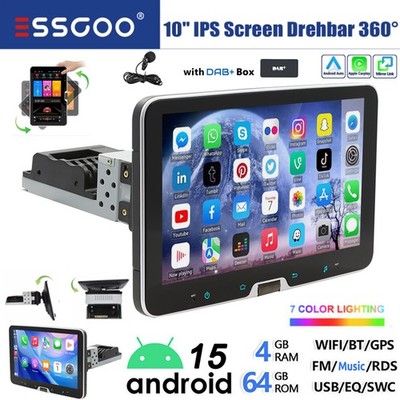 DAB+ 1DIN Autoradio Android 15 4+64GB Carplay Navi WiFi drehbarer Bildschirm GPS