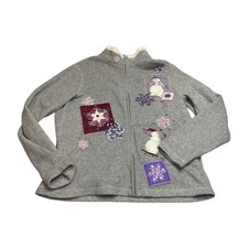 Croft  Barrow Cardigan Sweater Women's Medium Gray Fleece Snowman Full Zip