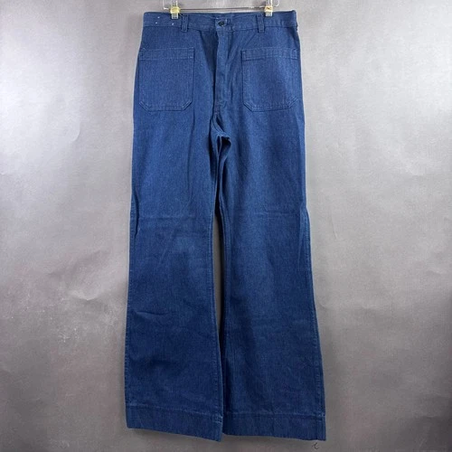 Vintage Navy Dungaree Pants Mens 32x34 Blue Bell Bottom Trousers Denim Made USA