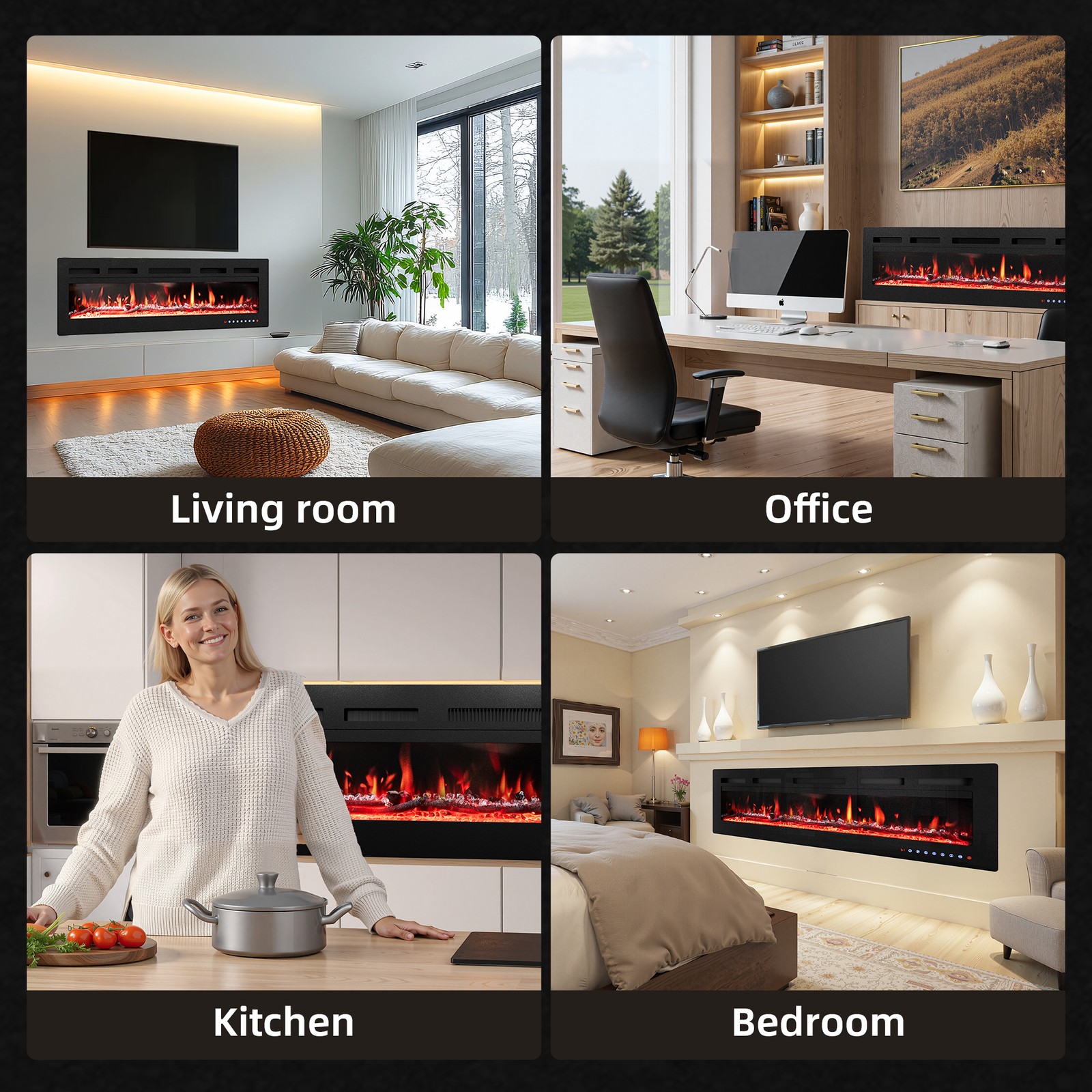 40" to 60" Electric Fireplace Insert, Crackling Sound, Remote, Adjustable Flame