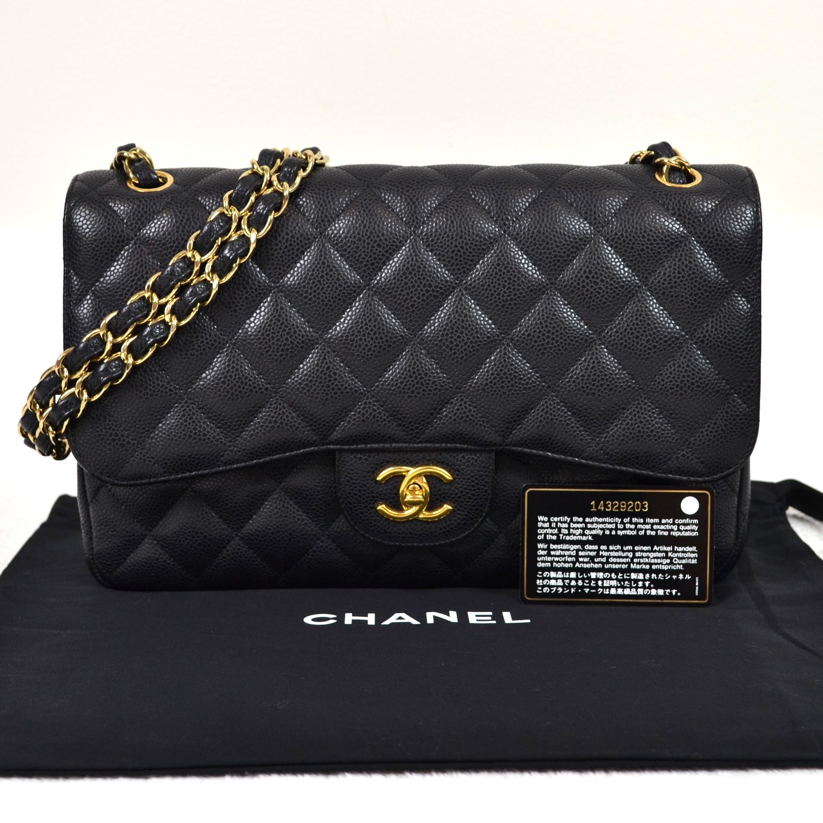 Chanel Classic Jumbo Black Caviar Leather Double Flap Shoulder Bag Purse Handbag