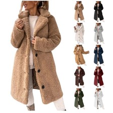 Womens Long Teddy Fleece Coats Ladies Winter Warm Button Cardigan Lapel Jacket