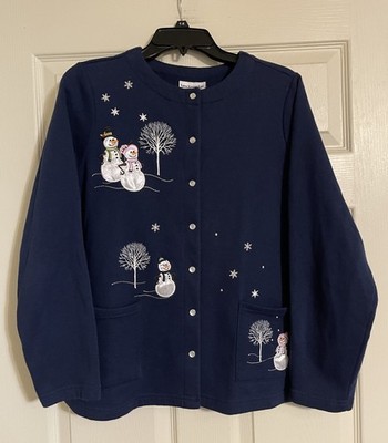 vintage breckenridge sweatshirt Cardigan Womens 1X Blue Snowman Pearl Snap