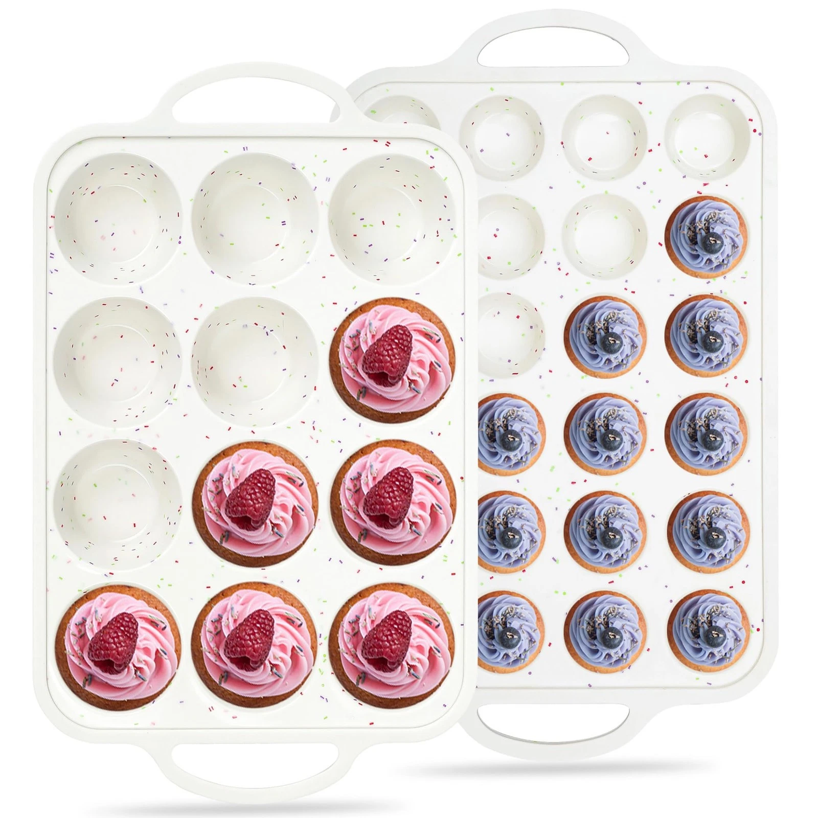 Regular 12 Cup and Mini 24 Cup Nonstick Cupcake Pan Set Silicone Muffin Pan f...