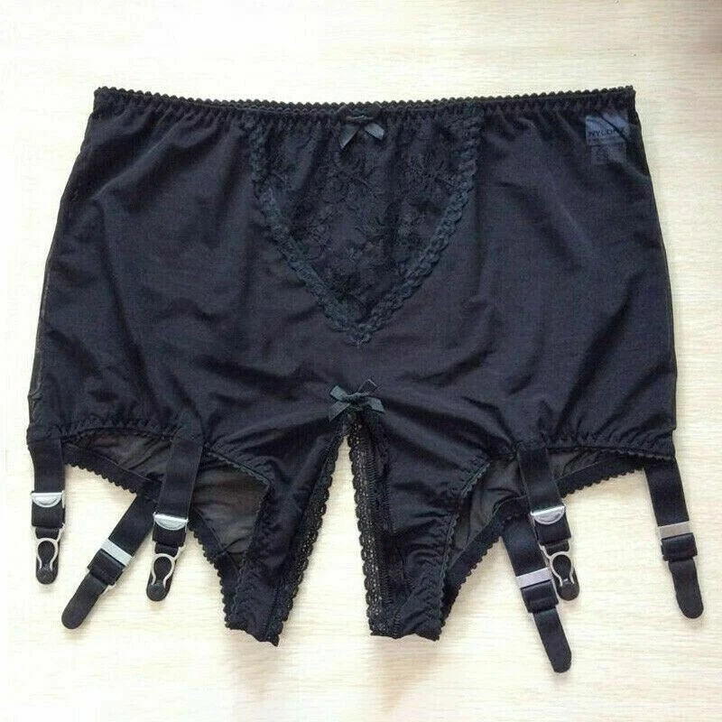 Lencería bragas para mujer sin entrepierna cintura alta tirantes 6 correas encaje malla liga Foto 2 de 4