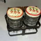 VTG Anchor Hocking Ribbed Tulip 2 Pepper Shakers with lids AND HOLDER