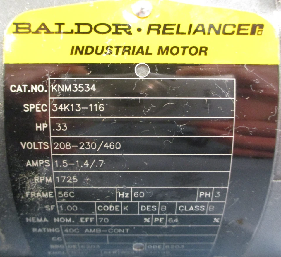 Baldor Reliance KNM3534 3 Phase Motor 34K13-116 .33 HP 1725 RPM 5/8" Shaft Dia - Image 4 of 4