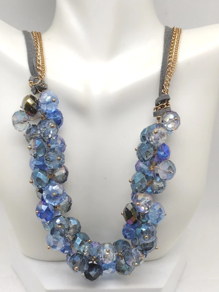 Collar Ali Khan Azul Racimo Cristal Cuentas Cadena Cuero Tono Dorado Joyería Foto 2 de 4
