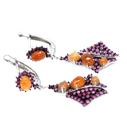 925 Sterling Silver Multicolor Opal & Pink Sapphire Two Tone Earrings - Picture 2 of 4