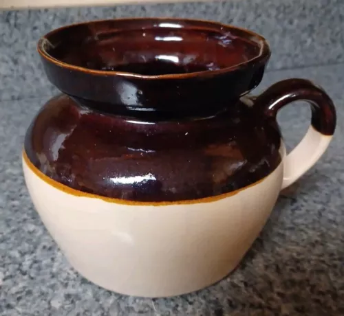 Vintage USA Brown & Beige Crock One Handled Bean Pot 