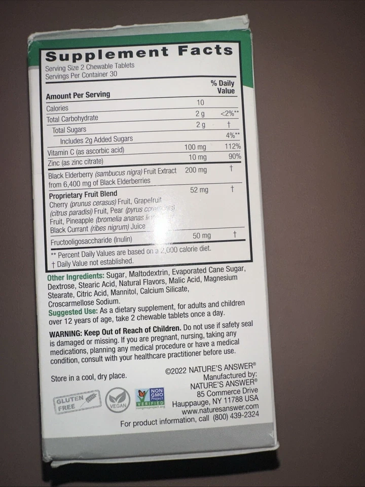 Natures Answer Sambucus Masticables 60 Tabs Negro Saúco Vitamina C Zinc 8/2025 Foto 4 de 4