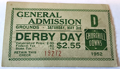 1952 CHURCHILL DOWNS KENTUCKY DERBY DAY GENERAL ADMISSION TICKET