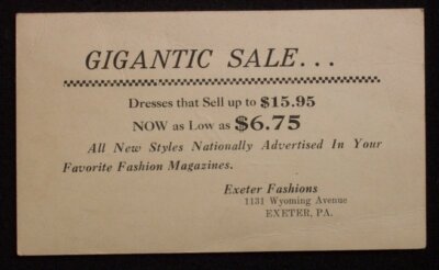 1940s? Gigantic Sale Fashions Exeter PA Luzerne Co Postal Card Pennsylvania