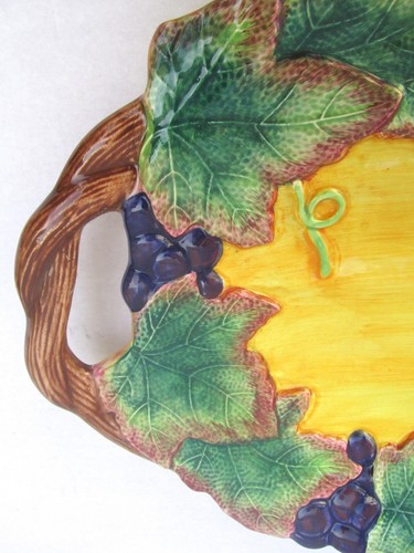 Early Rare Fitz & Floyd Large Oval Platter Handled Yellow Purple Grapes Vine - Picture 3 of 5