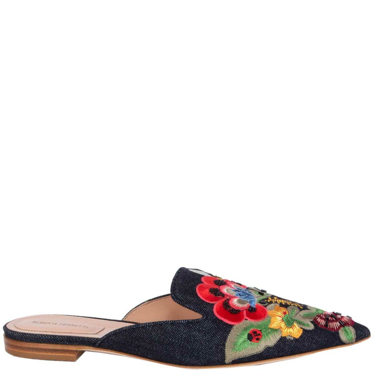 62975 auth ALBERTA FERRETTI multi Flower Embroidered Denim Mules