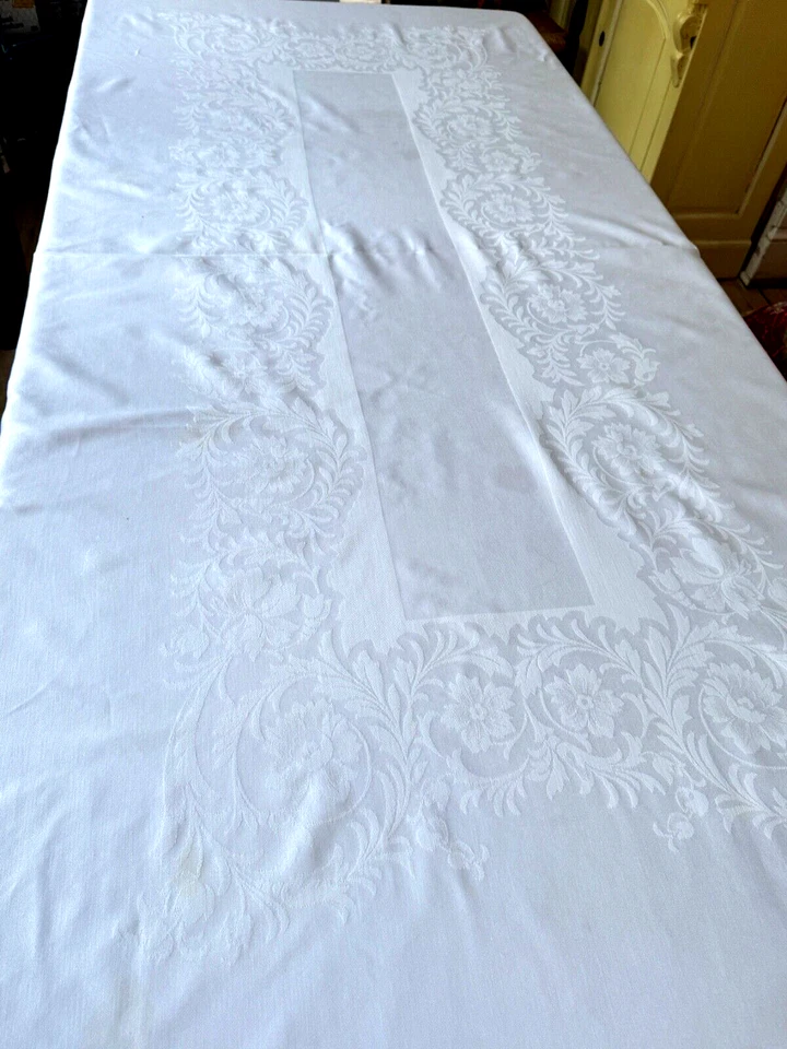 Vintage Linen Blend Damask Tablecloth - Rectangular Bands of Flowers A544 - Image 2 of 4
