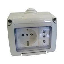 Scatola Stagna Esterna IP55 Con Sportello Completa Di 1 Presa Shuko + 1 Bipasso