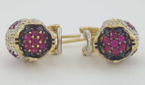 Vintage HIMO Diamond Ruby Tulip Earrings 18k Yellow Gold 2 ct 10.3 grams - Picture 7 of 10