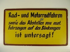Antikes Blech Schild Rad und Motorradfahren ...auf Blockwegen untersagt vor 1945