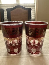 2  Moroccan Style VTG Tumbler Tea Glasses Gold n Burgundy Filigree 