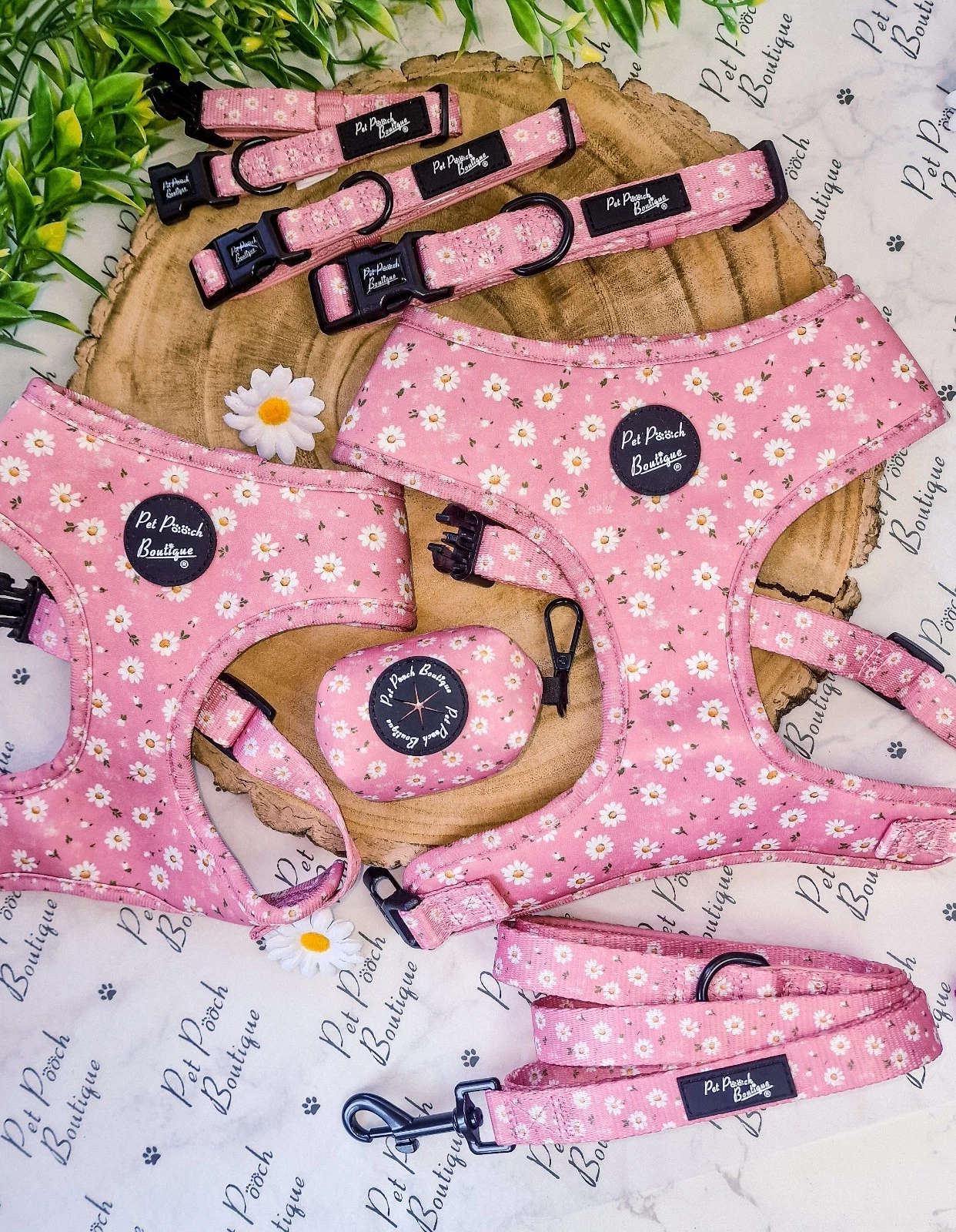 Dusky Pink Daisy Floral Dog Harness Set (puppy/small dogs) collar, lead, poo bag